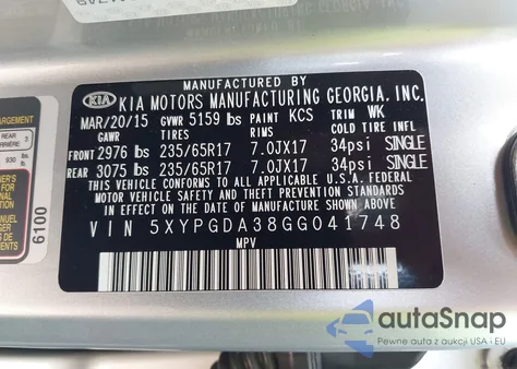 2016 Kia Sorento 2.4L Lx z USA, uszkodzony, nr VIN 5XYPGDA38GG041748